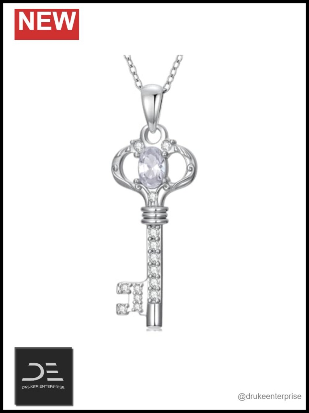925 Sterling Silver Key Pendant Necklace Adjustable Chain Moonstone Cubic
